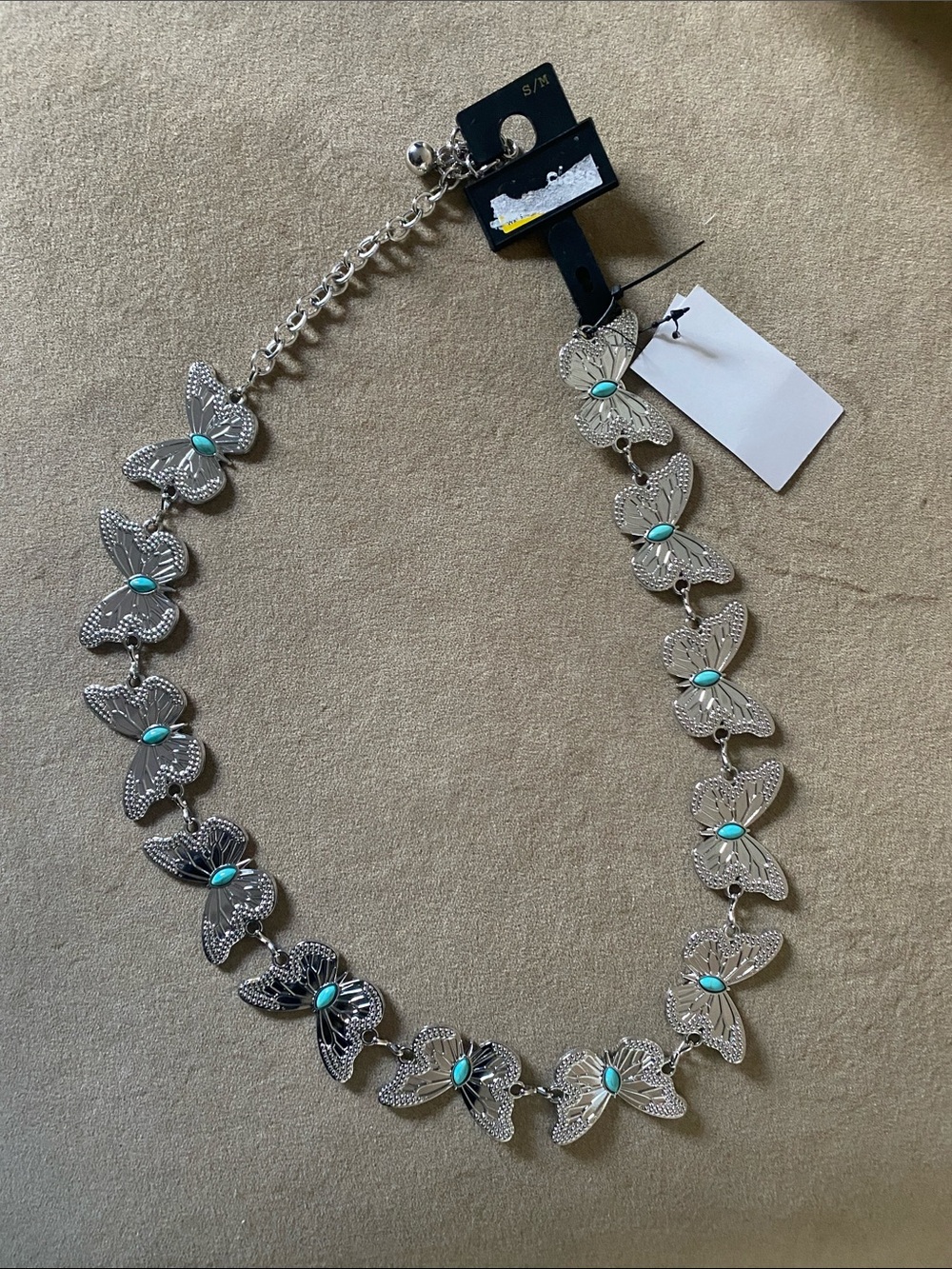 NWT Silver Butterfly Link Chain Belt with Turquoise Accents S/M